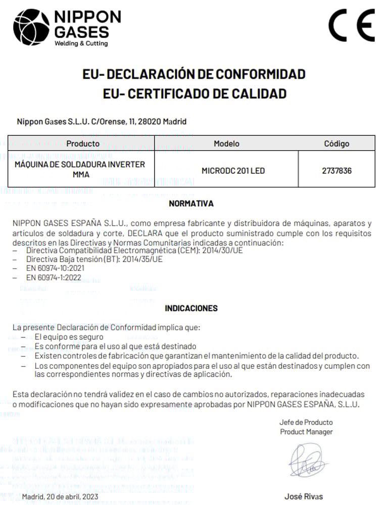 Imagen Declaración de Conformidad Soldadora MDC201