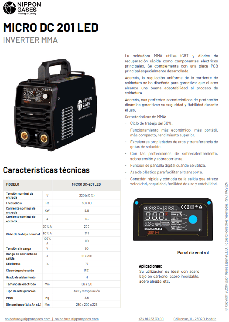 Imagen de ficha técnica soldadora MDC201 (pg1)