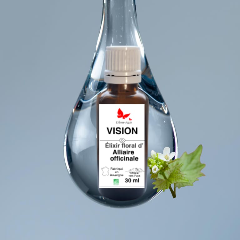 "Flacon d'élixir floral Vision L'Âme-Agie, Alliaire officinale, 30 ml." "Flacon d'élixir floral Vision L'Âme-Agie, Alliaire officinale, 30 ml."