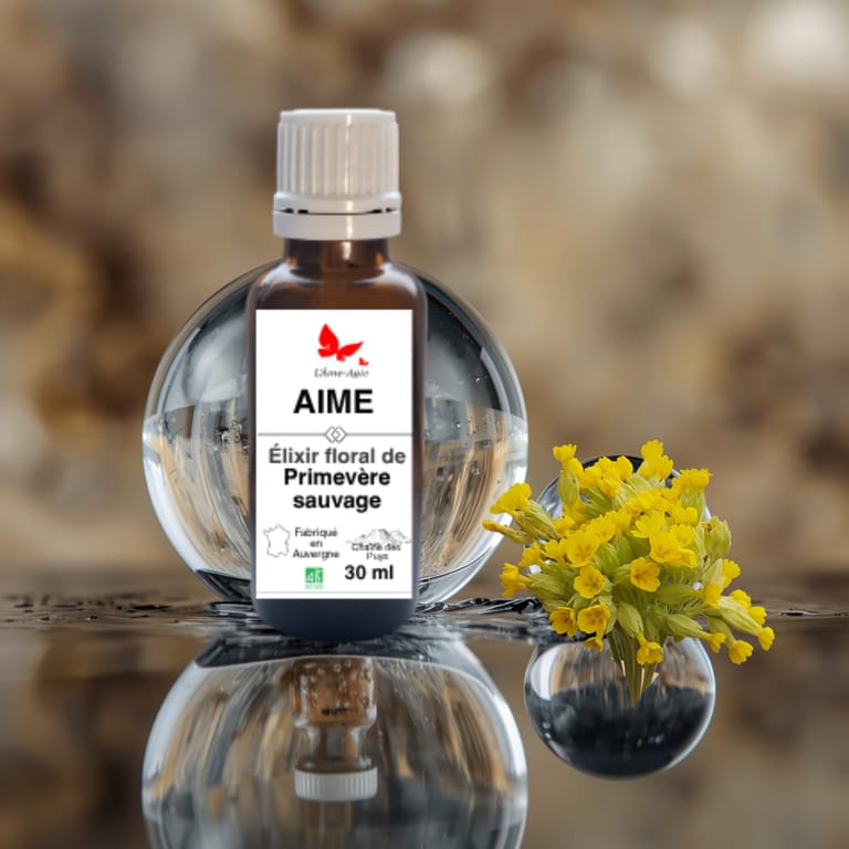 Flacon d'élixir floral AIME, Primevère sauvage, L'Âme-Agie.