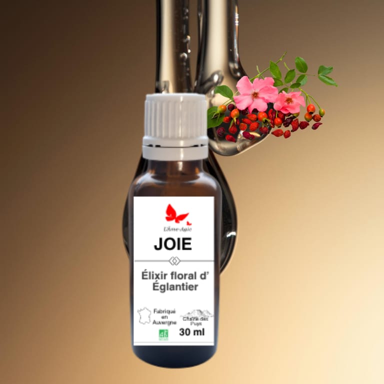 Flacon d'élixir floral JOIE, Églantier, L'Âme-Agie.
