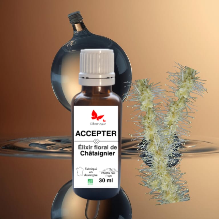 Flacon d'élixir floral ACCEPTER, Châtaignier, L'Âme-Agie.
