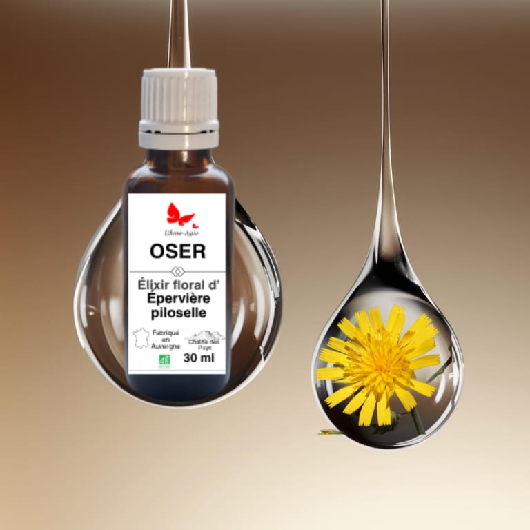 flacon d'élixir floral OSER, Epervière piloselle, L'Âme-Agie.