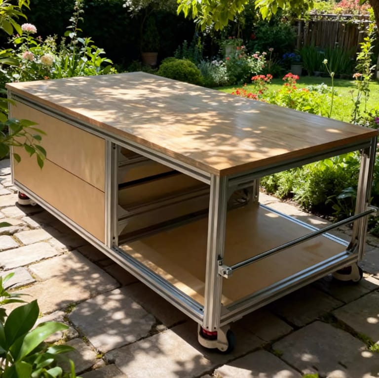 Sleek industrial-style low coffee table: aluminum frame + marine board top, with storage & casters. Customizable size, ideal for living rooms, studios, or outdoor spaces.