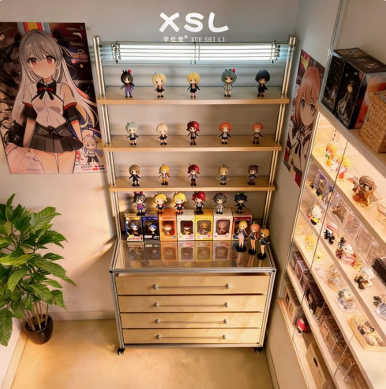 Combination display & storage cabinet: marine board drawers + glass shelves, customizable size/color. Ideal for showcasing figures, collectibles, or home/office essentials.