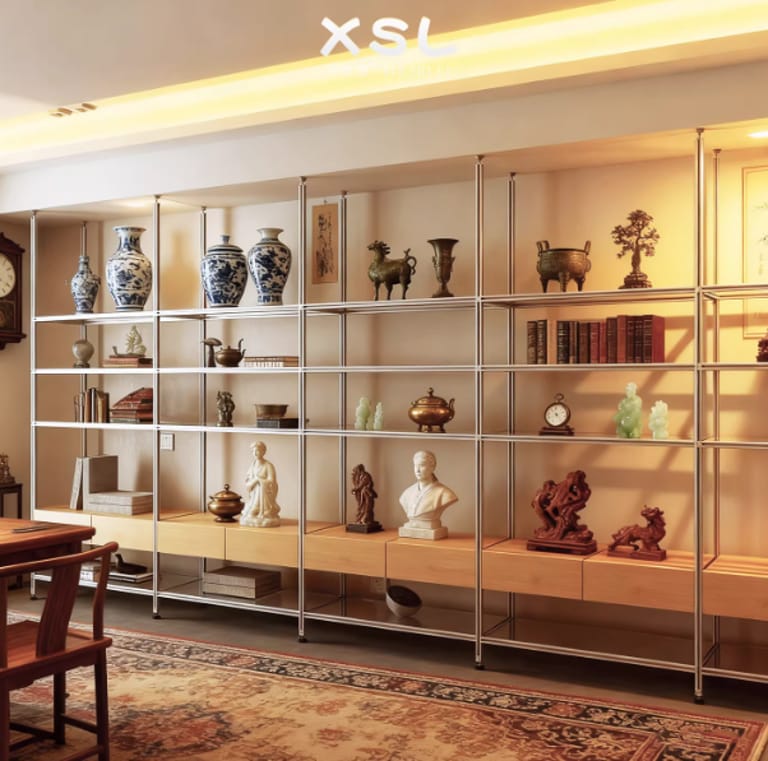 Luxury Customizable Shelving for Blue-and-White Vases, Bronze Treasures & Traditional Art – Blend of Industrial Durability & Oriental Elegance