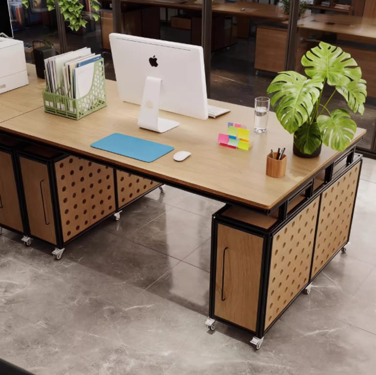 Sleek modular office desk: aluminum frame + birch marine board top, built-in storage drawers, and casters. Customizable, ideal for collaborative office setups.