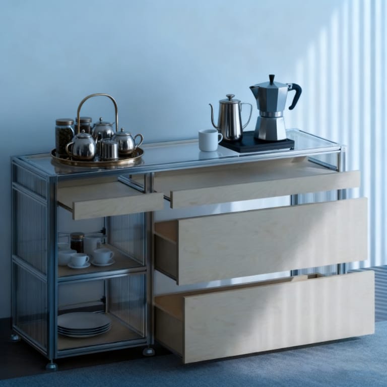 Sleek multi-layer sideboard: aluminum frame + marine board, glass top + drawers. Customizable, ideal for living rooms/bedrooms—blends style with organized storage.
