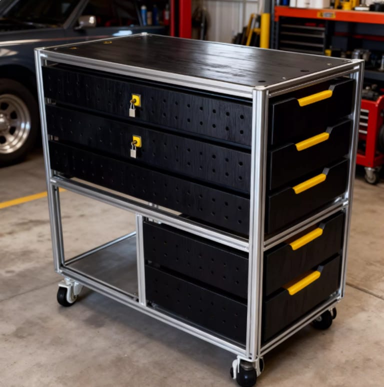 Versatile mobile storage cabinet: aluminum frame + marine board drawers, lockable compartments, and casters. Customizable, ideal for office, kitchen, or garage organization.