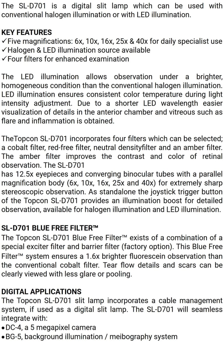 Topcon SL-D701 Digital Slit Lamp Topcon SL-D701 Digital Slit Lamp