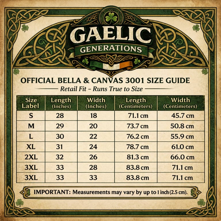 gaelic generations bella canvas 3001 tee size guide