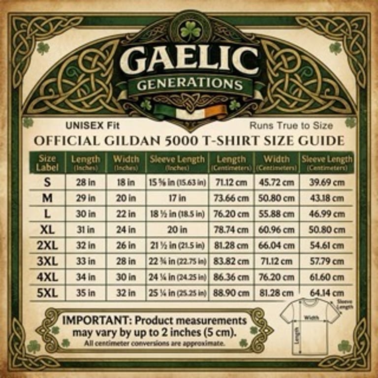 gaelic generations gildan 5000 size guide