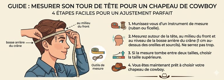 mesurer votre tour de tête pour un chapeau de cowboy  Découvrez les 4 étapes  ruban ou ficelle, mesure front et bosse arrière, et choisir la taille supérieure si entre deux taille