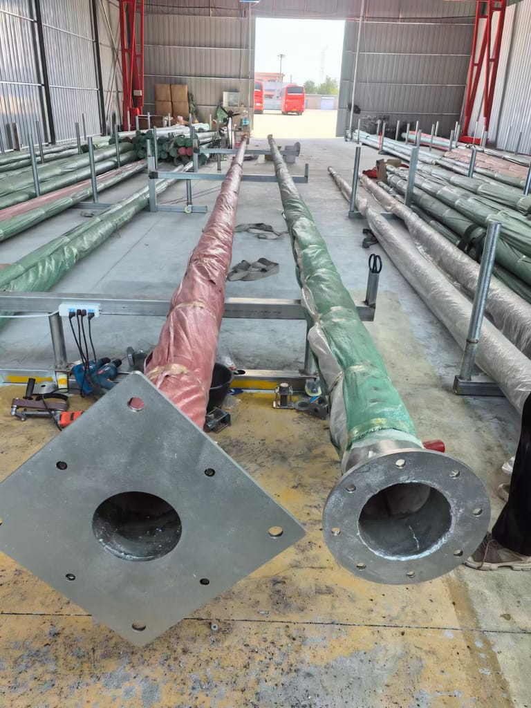 Factory-ready flagpoles with heavy-duty steel flange bases, showing real production environment. Factory-ready flagpoles with heavy-duty steel flange bases, showing real production environment.