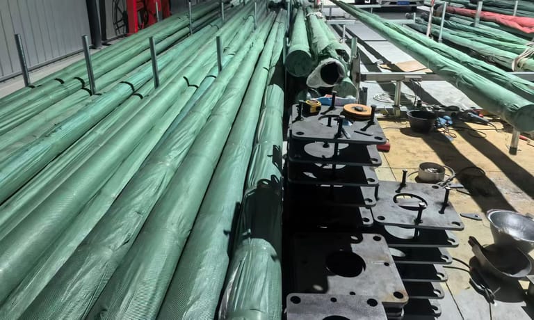 Rows of heavy-duty outdoor flagpoles (2.5mm/3.0mm thickness) stored in the factory. Rows of heavy-duty outdoor flagpoles (2.5mm/3.0mm thickness) stored in the factory.