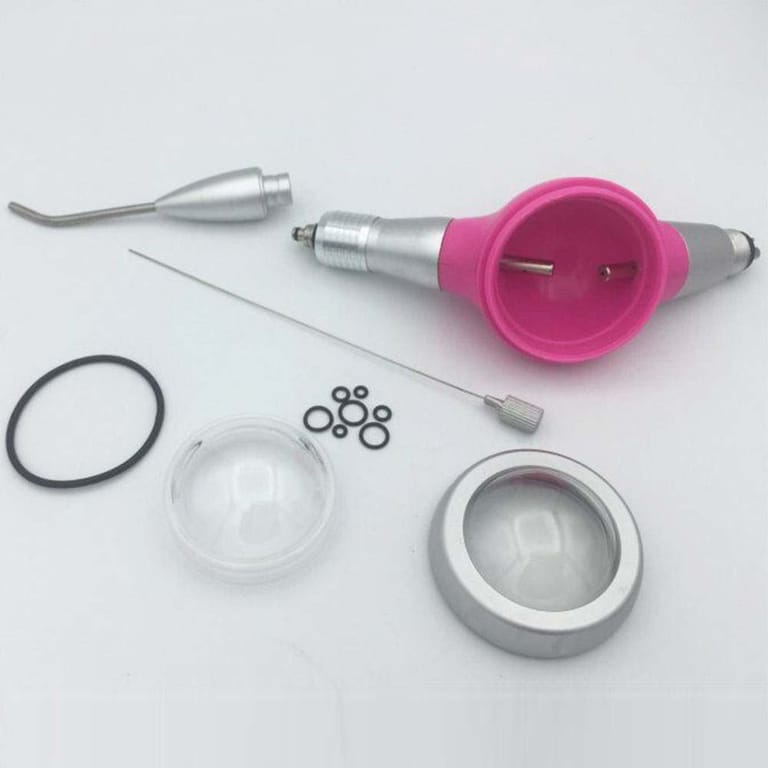 Pink Dental Air Polisher Disassembled View, Replacement O-rings, Cleaning Needle & Powder Cup Spare Parts Pink Dental Air Polisher Disassembled View, Replacement O-rings, Cleaning Needle & Powder Cup Spare Parts