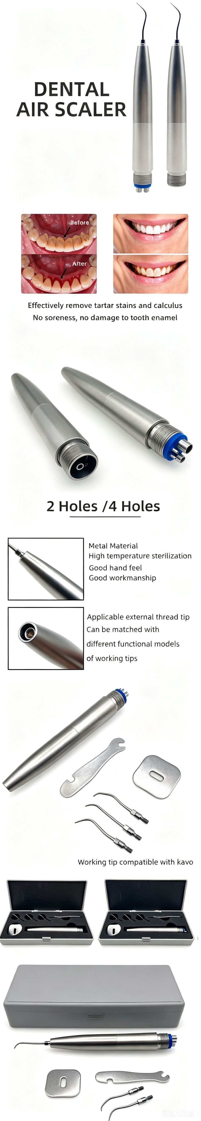 Dental Air Scaler vertical product banner, INSADENTAL pneumatic teeth cleaning handpiece 2 holes and 4 holes version, before and after dental scaling effect comparison, metal autoclavable air scaler, replaceable external thread working tips compatible with KAVO GK1 GK2 GK3 tips, complete accessories including wrench, scaling tips and storage box, professional dental equipment for removing tartar, stains and dental calculus, safe scaling without damage tooth enamel Dental Air Scaler vertical product banner, INSADENTAL pneumatic teeth cleaning handpiece 2 holes and 4 holes version, before and after dental scaling effect comparison, metal autoclavable air scaler, replaceable external thread working tips compatible with KAVO GK1 GK2 GK3 tips, complete accessories including wrench, scaling tips and storage box, professional dental equipment for removing tartar, stains and dental calculus, safe scaling without damage tooth enamel