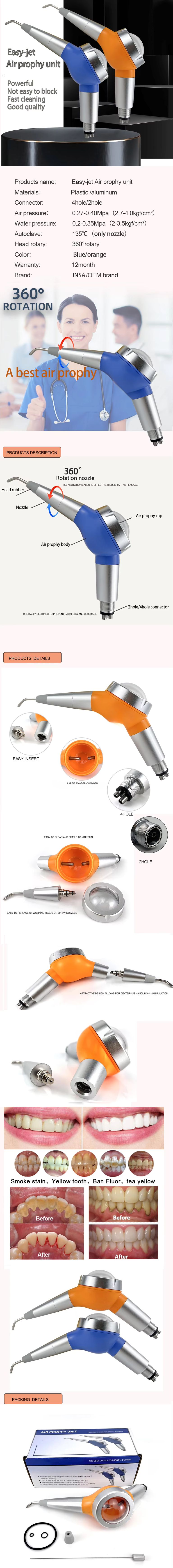 INSA Easy-Jet dental air prophy unit 2hole 4hole optional air polisher 360 rotatable detachable nozzle anti-clog teeth sandblasting handpiece blue orange INSA Easy-Jet dental air prophy unit 2hole 4hole optional air polisher 360 rotatable detachable nozzle anti-clog teeth sandblasting handpiece blue orange