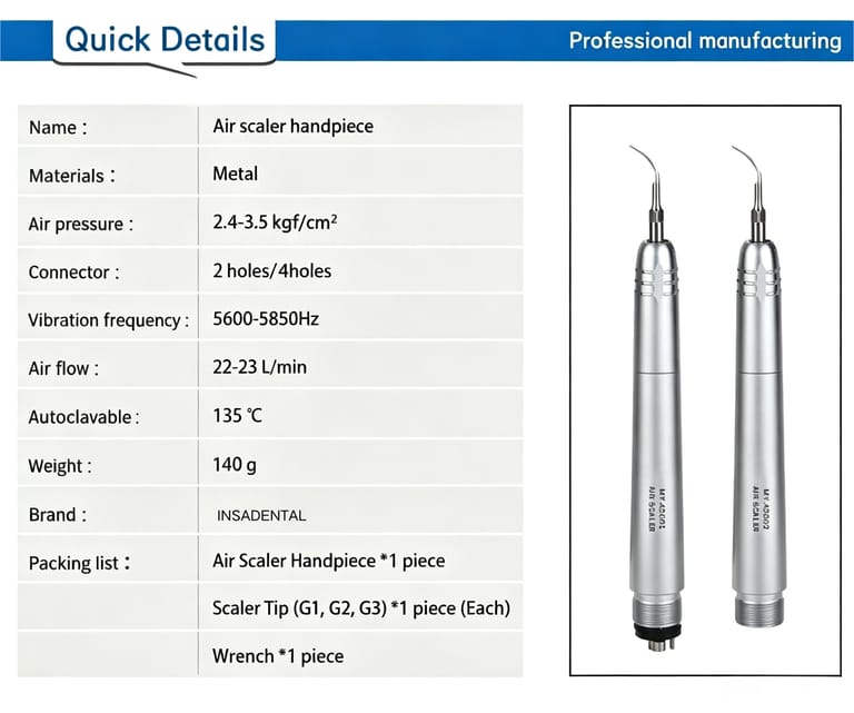 INSADENTAL INSA-AS002 Dental Air Scaler quick details chart, technical specifications, parameter list, 2hole and 4hole pneumatic scaler handpiece product display