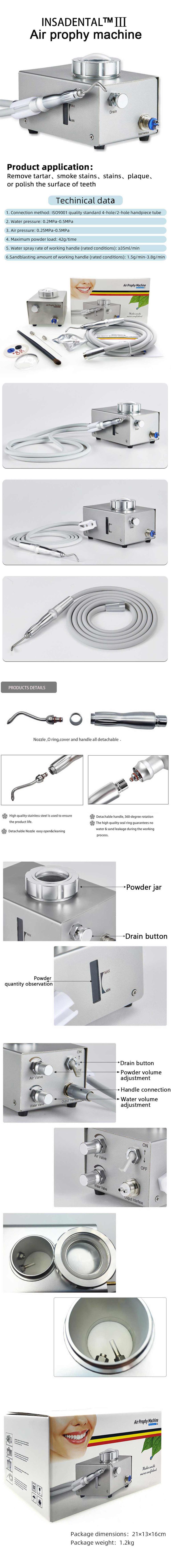 INSADENTAL III desktop dental air prophy machine full detail infographic, portable tabletop teeth sandblasting unit, technical parameters, complete accessories, detachable autoclavable handpiece, adjustable air & water valve, powder jar structure, clinical application for tartar and stain removal INSADENTAL III desktop dental air prophy machine full detail infographic, portable tabletop teeth sandblasting unit, technical parameters, complete accessories, detachable autoclavable handpiece, adjustable air & water valve, powder jar structure, clinical application for tartar and stain removal