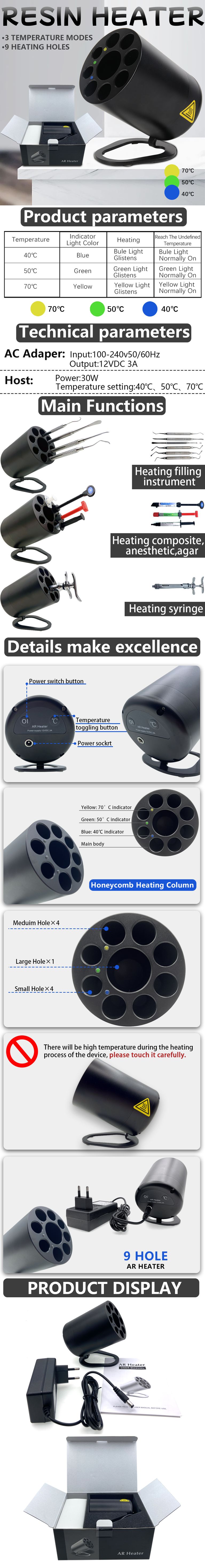 INSA-AR1 Dental Resin AR Heater Full Details Image, 9-hole heating column, 3 temperature modes, parameter introduction, structure display and complete accessories packing