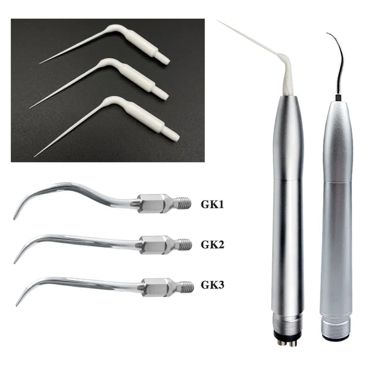INSADENTAL INSA-AS002 dental air scaler with interchangeable GK1 GK2 GK3 metal scaling tips and plastic endodontic irrigation tips