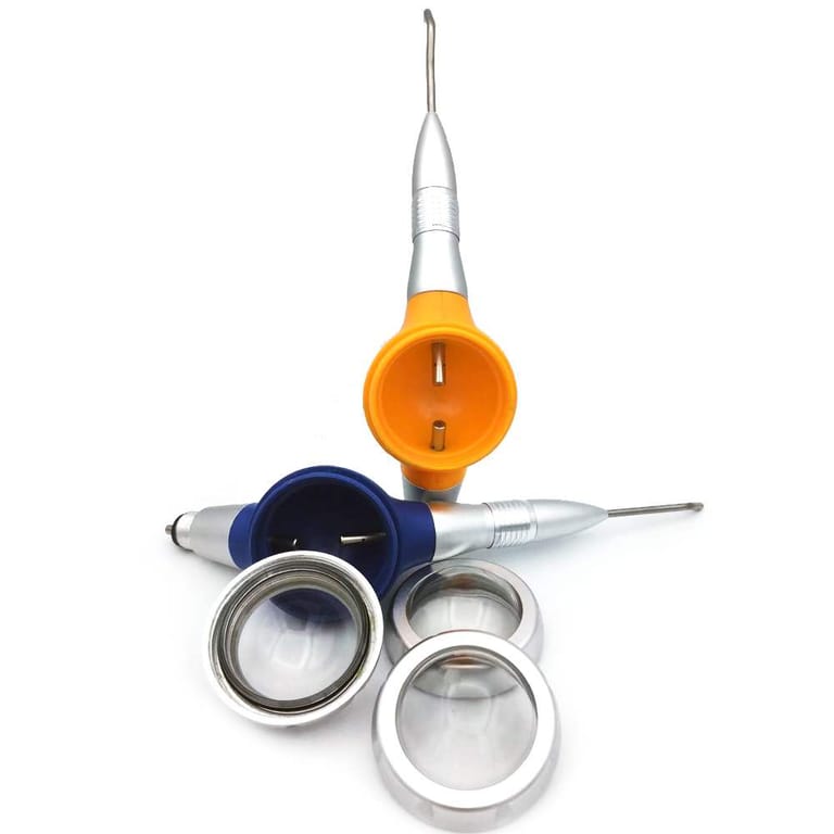 Colorful Dental Air Prophy Unit Open Powder Cup Interior Structure, Orange & Blue Air Polisher Handpiece Colorful Dental Air Prophy Unit Open Powder Cup Interior Structure, Orange & Blue Air Polisher Handpiece