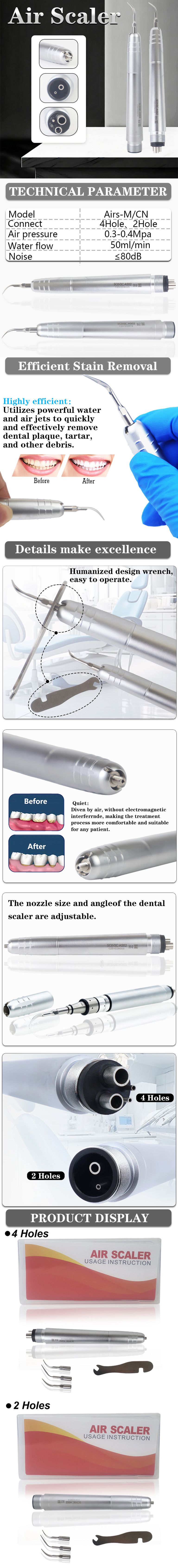 INSADENTAL INSA-AS001 Dental Air Scaler full detail banner, 2hole & 4hole pneumatic scaler handpiece, technical parameters, scaling effect comparison, structure details, accessories and package display INSADENTAL INSA-AS001 Dental Air Scaler full detail banner, 2hole & 4hole pneumatic scaler handpiece, technical parameters, scaling effect comparison, structure details, accessories and package display