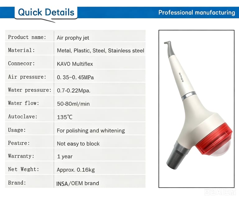 INSA MY-P07 KAVO type dental air prophy jet specification parameter chart autoclavable air polishing handpiece
