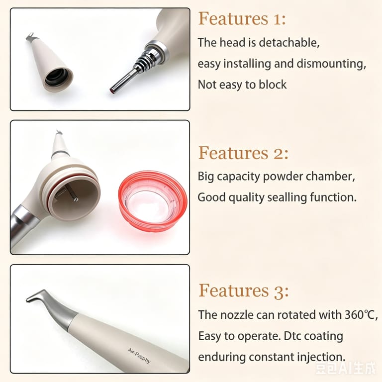 Details of INSA MY-P07 dental air prophy jet detachable body large powder chamber 360° rotatable stainless steel nozzle