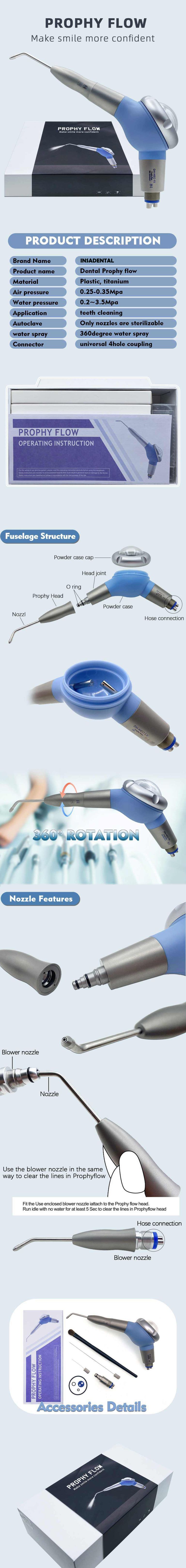 INSA-P09 Dental Prophy Flow Air Polisher Full Specification Diagram, Structure Explosion View, 360° Rotatable Nozzle, Accessories and Packaging Display