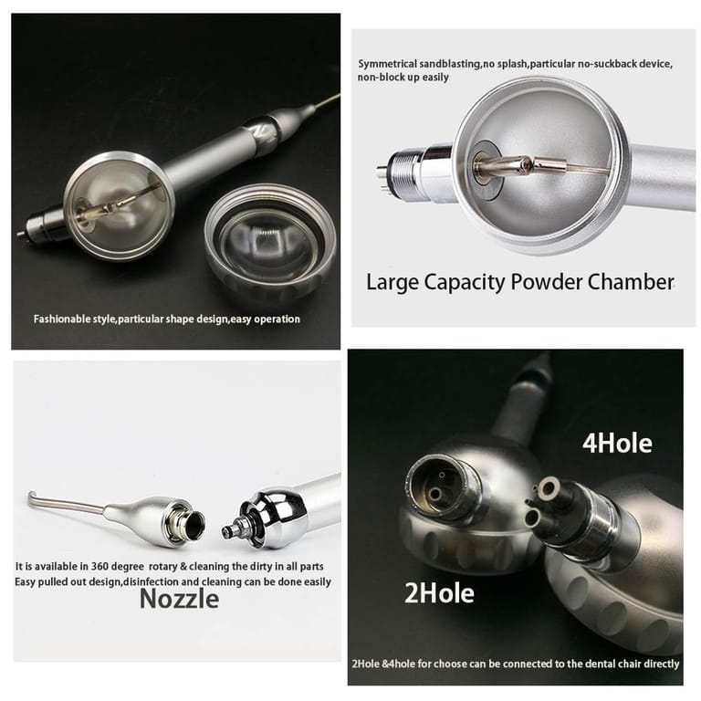 Details of INSA-P02 dental air polisher large capacity powder chamber, 360° rotatable nozzle, 2hole and 4hole connector Details of INSA-P02 dental air polisher large capacity powder chamber, 360° rotatable nozzle, 2hole and 4hole connector
