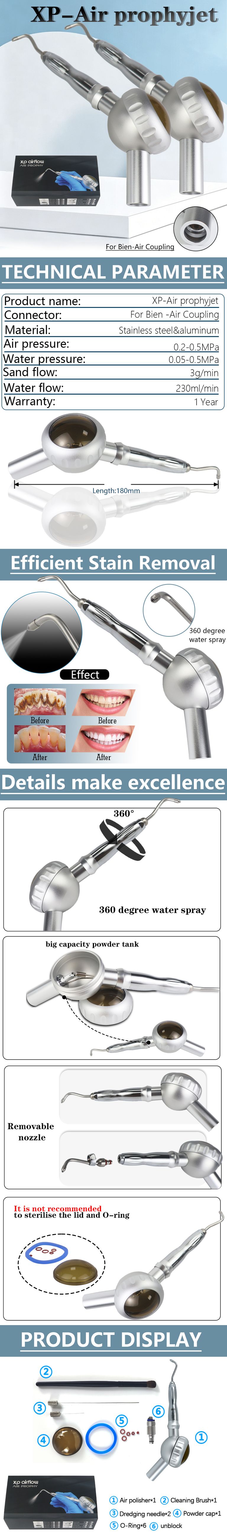 INSA XP-Air prophyjet MY-P05 dental air prophy jet compatible with Bien-Air coupling metal air flow polisher detachable nozzle teeth sandblasting cleaning handpiece