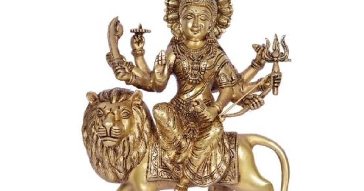 Brass Durga Statue on Lion Holding Trident Prajjwal International