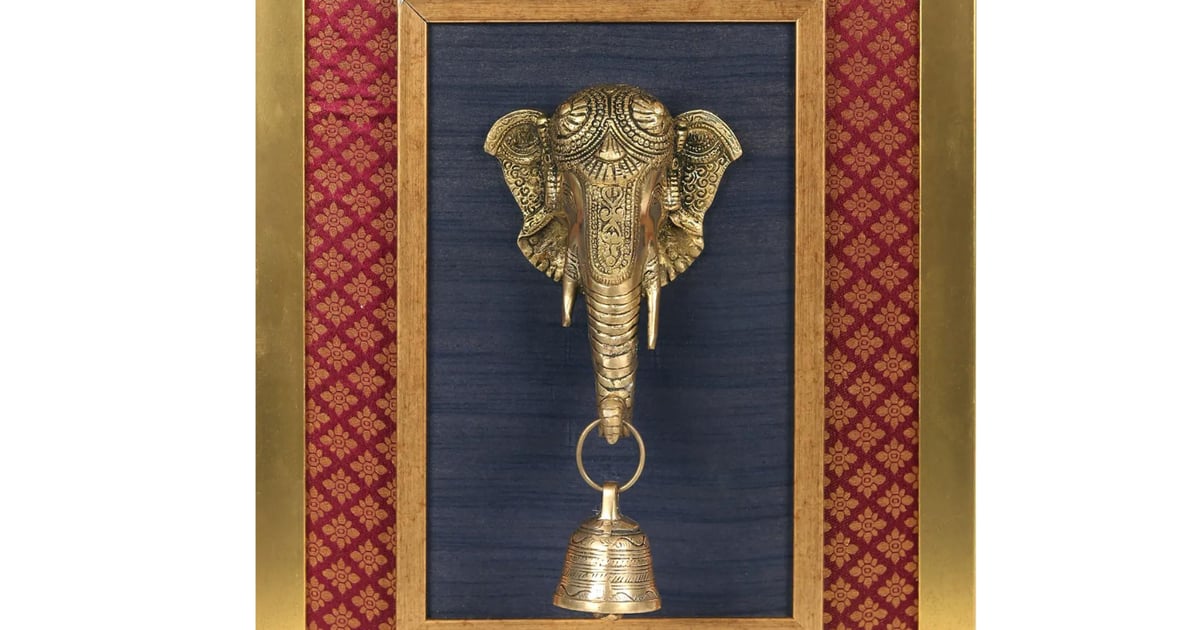 Wooden Framed Elephant with Hanging Bell Wall Hanging Prajjwal