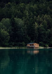brown wooden house on lake