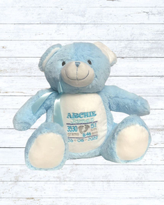 Personalised embroidered blue bear birth stat teddy