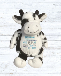 Personalised embroidered cow birth stat teddy