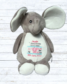 Personalised embroidered elephant birth stat teddy