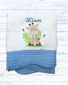 Personalised embroiderd  baby quilt light blue  border