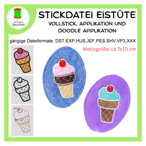 Stickdatei Eistüte, Vollstick, Applikation und doodle Applikation
