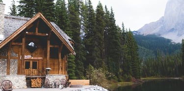 brown wooden house near lake surrounded by green trees during daytime