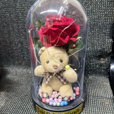 Cam Fanusta Ayıcık ve Gül ışıklı