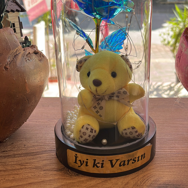 Cam Fanus İçinde Peluş Ayıcık ve Renkli Gül