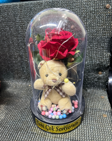 Cam Fanusta Ayıcık ve Gül ışıklı