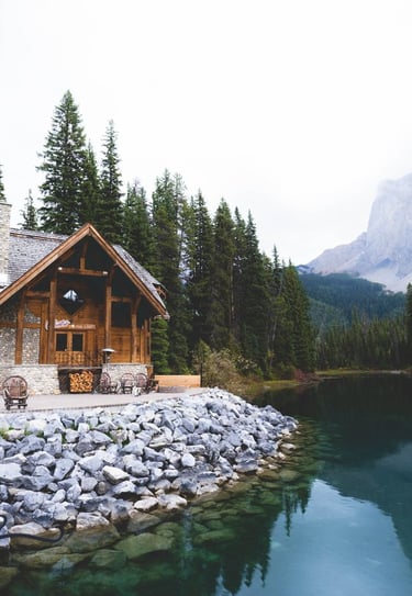 brown wooden house near lake surrounded by green trees during daytime