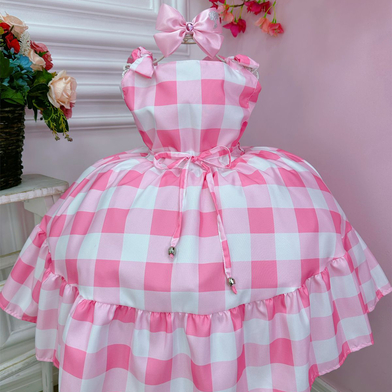 Vestido Infantil Princesa Barbie Rosa Com Aplique de Laço