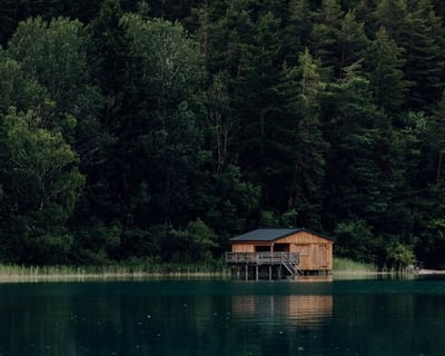 brown wooden house on lake
