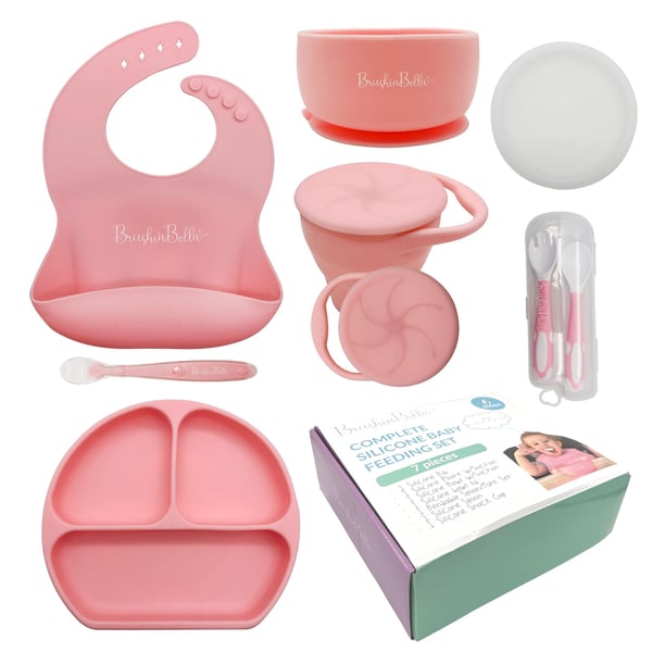 BrushinBella Baby Feeding Supplies - Complete Baby Feeding Set with Baby  Plate, Baby Spoons First Stage, Silicone Bib and Snack Cup - Infant Eating  Utensils and Baby Bowl with Suction
