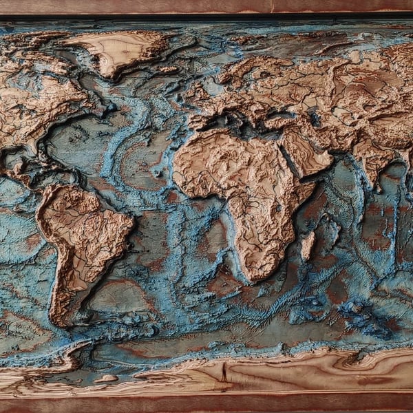 3D Carved Wood Relief Map with Seabed Bathymetry, Realistic 3D Effect